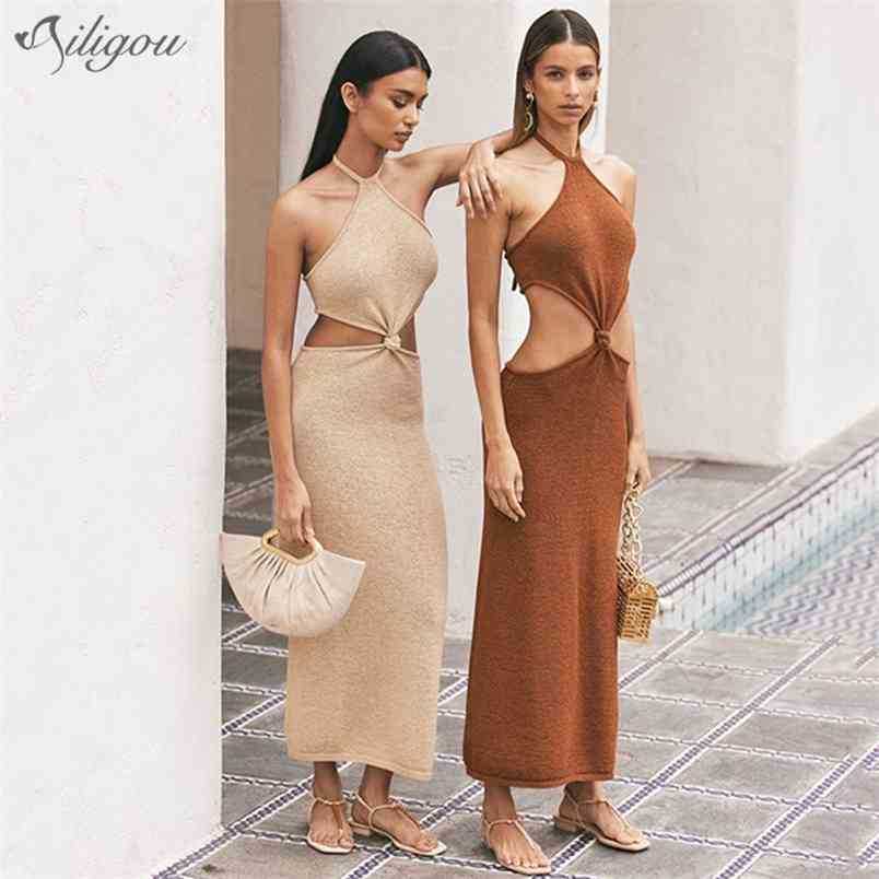 

Summer Trendy Women'S Fashion Waist Hollow Design Sexy V-Neck Open Back Celebrity Party Club Bandage Long Dress 210525, Beige