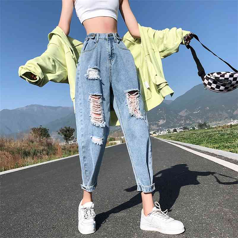 

Plus Size Boyfriend Jeans for Women Destroy High Waisted Harem Loose Style Ripped Casual Distressed 210629, Blue dark