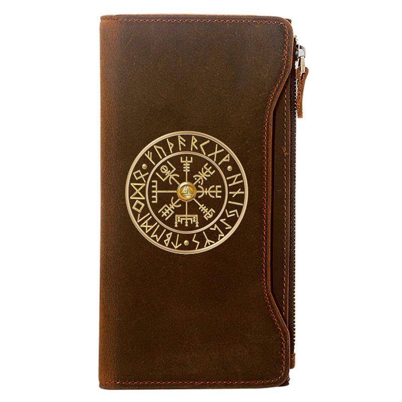 

Wallets Retro Viking Symbol Design Holder Package Genuine Leather Zipper Wallet Men Long Clutch Purse Gift, Red;black