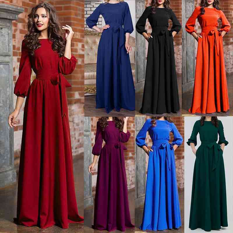

autumn women casual bow maxi sashes ladies lantern sleeve o neck elegant party dress fashion women long dresses b, Black;gray