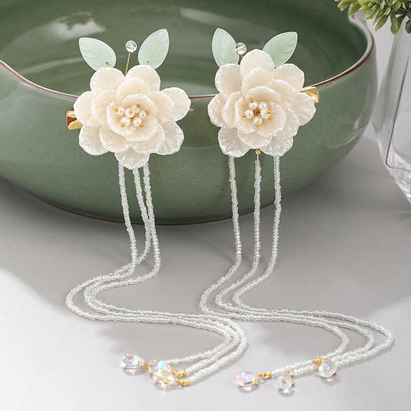 

FORSEVEN Chinese Style White Flower Leaf Pearls Long Tassel Hairpin Clips Headpieces Hanfu Dress Hair Decorative Jewelry H0916