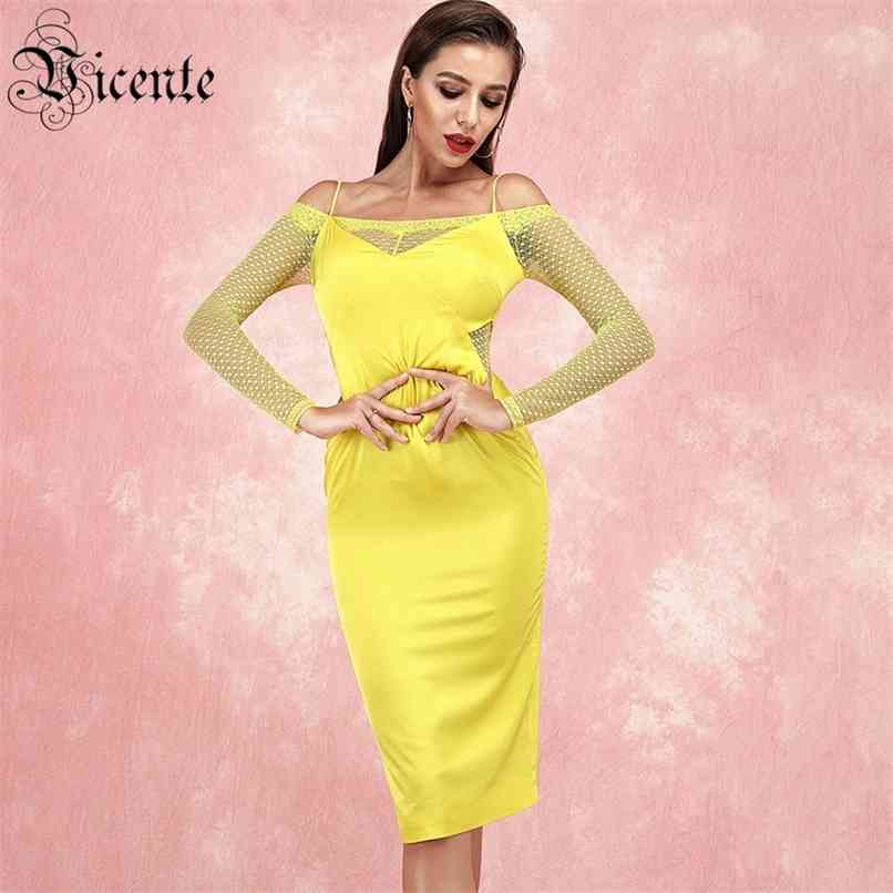 

Trendy Lace Patchwork Sexy Spaghetti Strap Off The Shoulder Long Sleeves Celebrity Party Dress 210520, Yellow