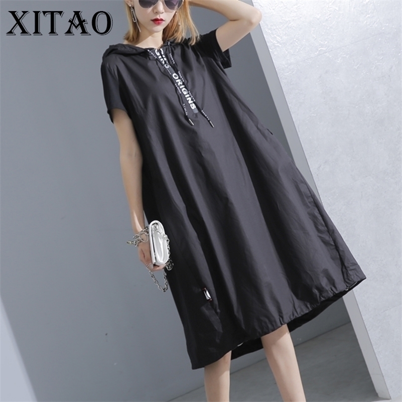 

XITAO Hoodie Black Midi Dress Women Short Sleeve Plus Size Elegant Womens Clothing Pullover A Line Party Dress KY428 210630, Black ky428