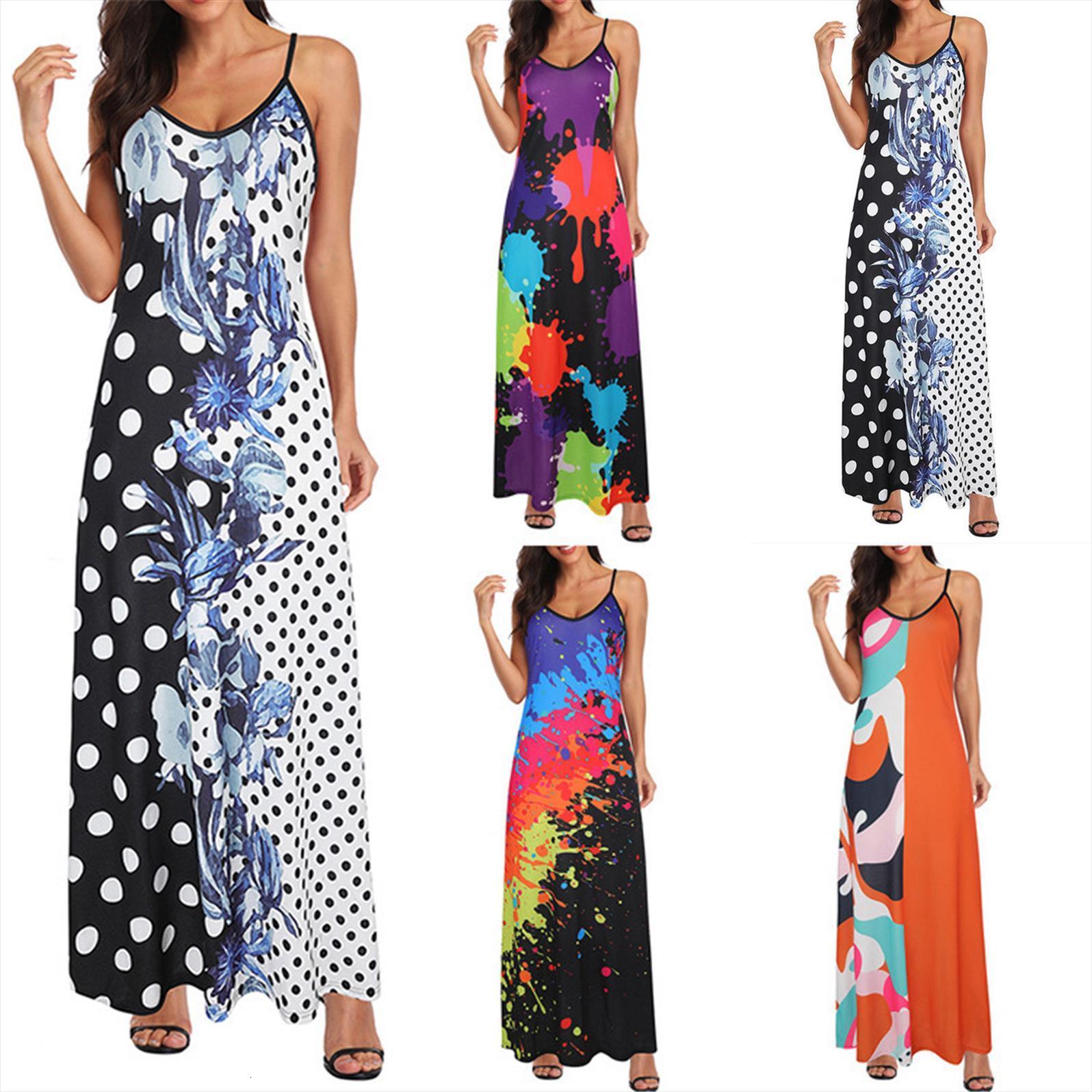 

dress summer women tanks v neck flower print sleeveless spaghetti straps plus size pullover maxi long dresses beach party, White