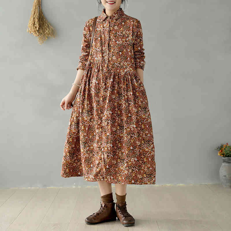 

Johnature Loose Print Spring Dress Women Clothes Button Turn-down Collar Vintage Leisure Concise Pockets Ladies Dresses 210521, Red brown