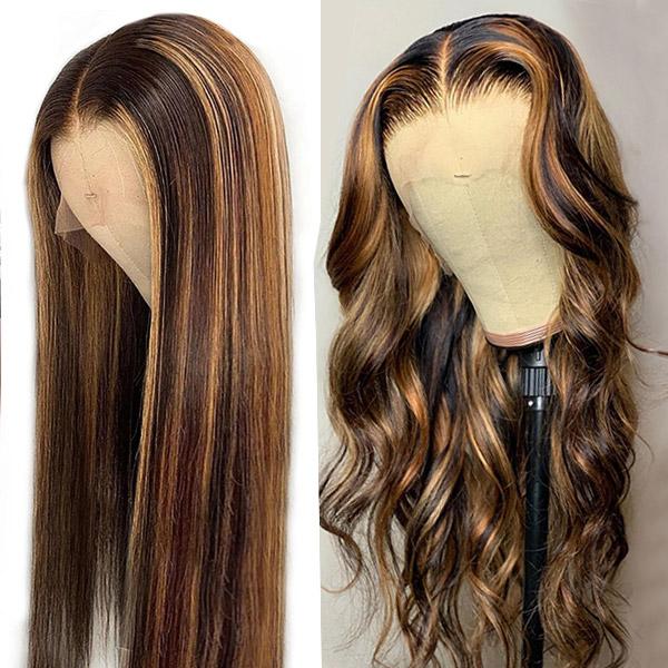 

Brazilian Highlight Straight Pre-Plucked 13x4 Human Hair Wigs Peruvian Body Loose Deep Lace Front Wig Curly 4/27, 100% indian vrigin hair
