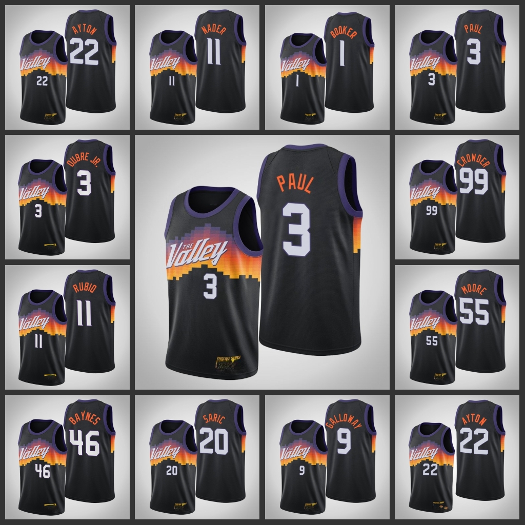 

PhoenixSunsMen Chris Paul Ricky Rubio Devin Booker Deandre Ayton Jalen Smith Black 2020-21 Swingman Edition Jersey