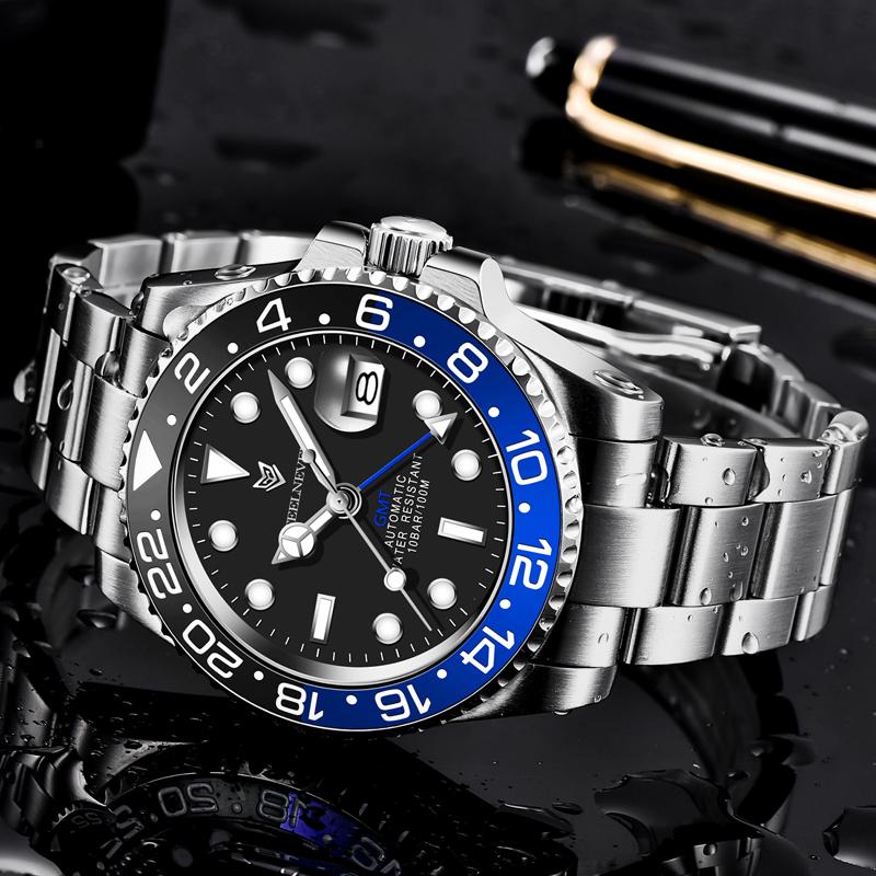 

Wristwatches 2021 FeelNever Diving Clock Mens Mechanical Watches Luxury Automatic GMT Watch For Men 40mm Case 316L Waterproof Wristwatch, Blue red