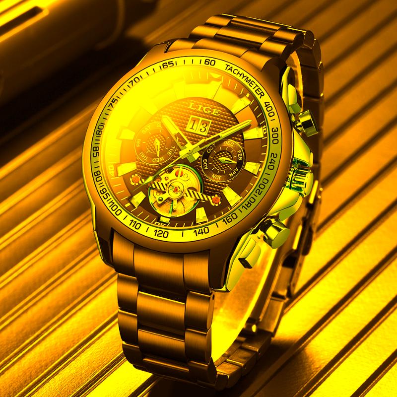 

Wristwatches 2022 Men Automatic Mechanical Watch Luxury Stainless Steel Tourbillon Diver Sports Wrist Watches Date 100M Waterproof, S gold black