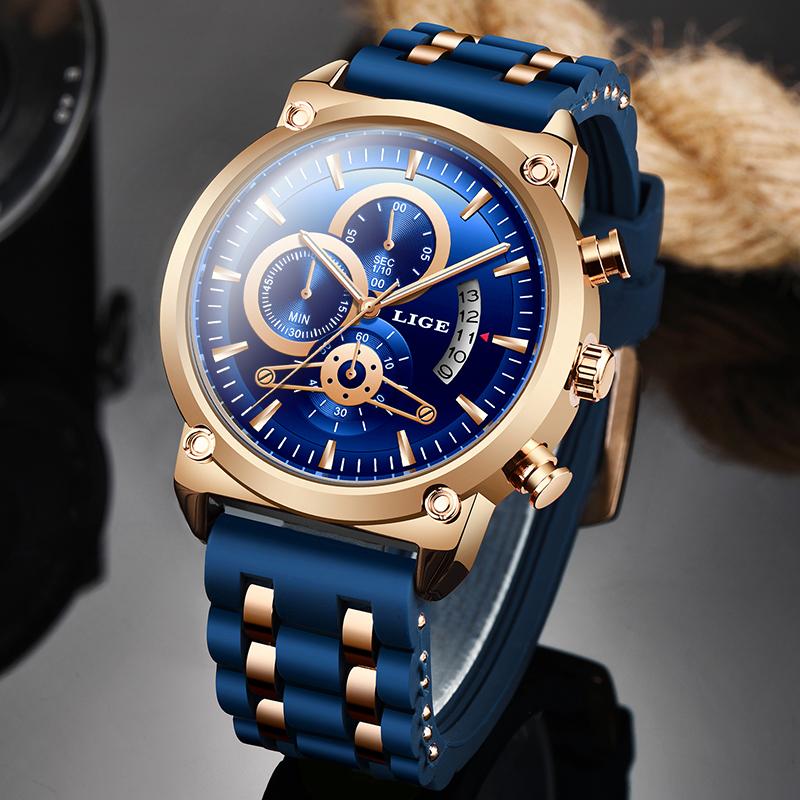 

Wristwatches LIGE Men Watches Waterproof Chronograph Luxury Silicone Quartz Watch Mens Fashion Date Luminous Business Relogio Masculino, Rose gold black
