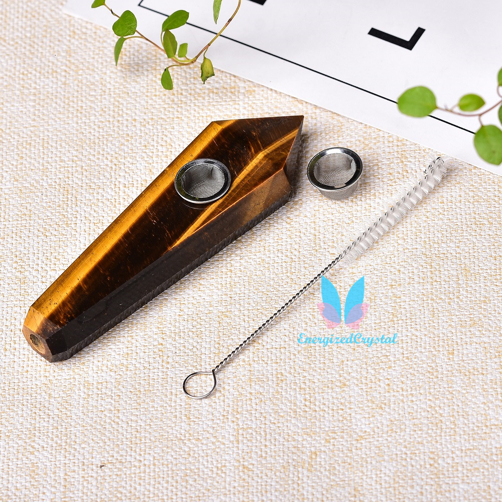 

Amazing Natural Yellow Tiger's Eye Quartz Crystal Pipe Smoking TOBACCO Wand U.S