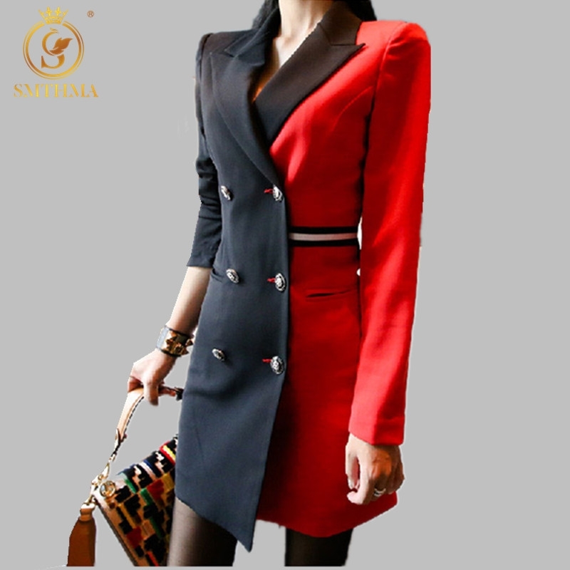 

HIGH QUALITY Fashion Runway Designer Dress Women's Long Sleeve Double Breasted Notched Collar Patchwork 210520, Photo color
