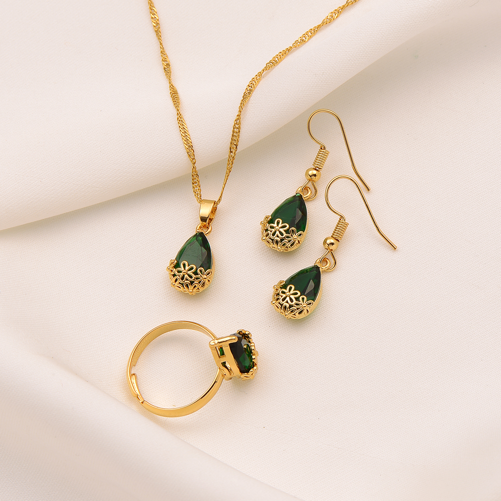 Pendant Necklace Earrings Ring Water Drop green Crystal Jewellery Set cz big 9K Fine G/F Gold Rectangle Gem with Channel-image-737901813