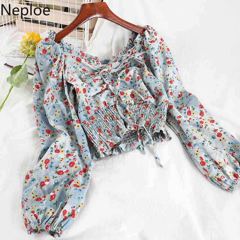 Neploe Sexy Slash Neck Floral Shirts Chic Crop Tops Ruffles Pleated Drawstring Blouses Tops Women Blusas Mujer De Moda 210422