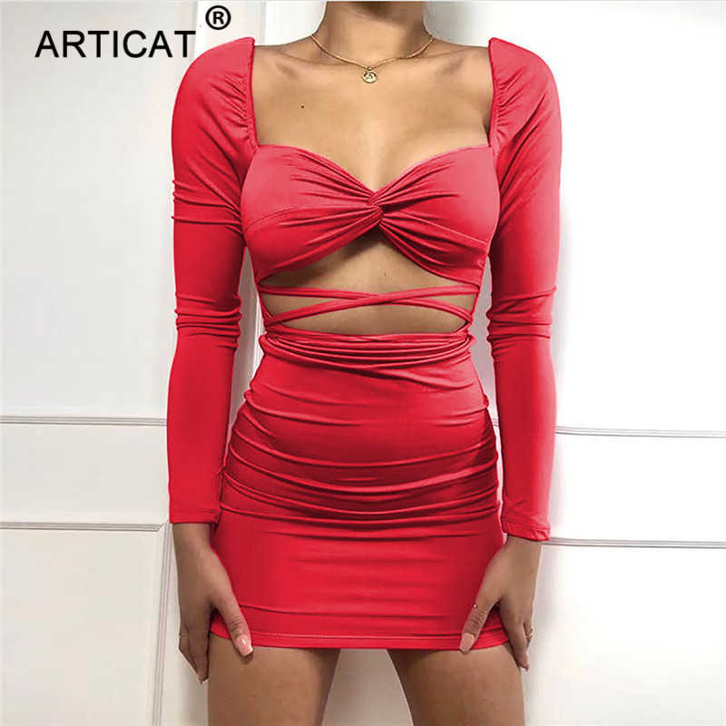 

hollow out dstring ruched dress for women solid long sleeve bodycon mini dresses ladies backless streetwear vestidoshigh quality, Black;gray