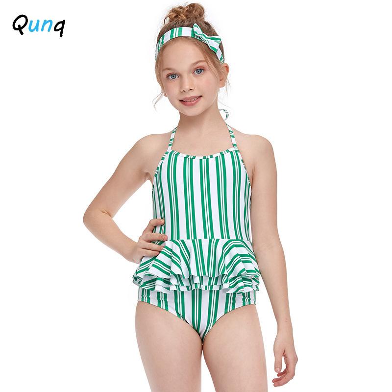 

Qunq One Piece Baby Girls Swimwear 2021 Summer Striped Ruffle Kids Bathing Suits 2-12 Year Toddler Children Beach Wear One-Pieces, Green