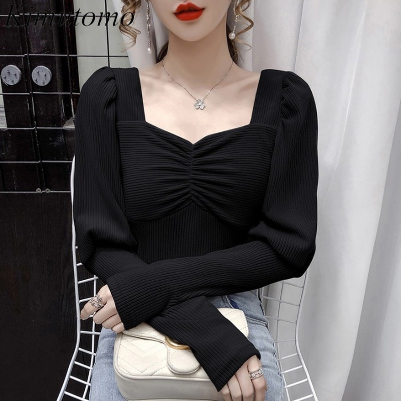 

Kimutomo Women Elegant Square Collar T-shirt French Style Solid Black Slim Puff Sleeve Tops Spring Autumn Korea Chic 210521