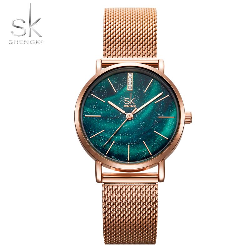 

Wristwatches SK Women Watches Starry Green Dial SHENGKE Ladies Wristwatch Ultra-thin Stainless Steel Strap Quartz Montre Femme, Slivery;brown