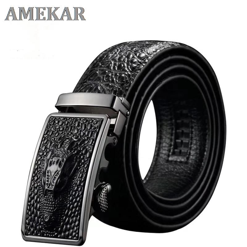 

Belts 2021 Arrival Luxury Cow Leather For Men Good Alligator Pattern Automatic Buckle Mens Belt Original, Black;brown