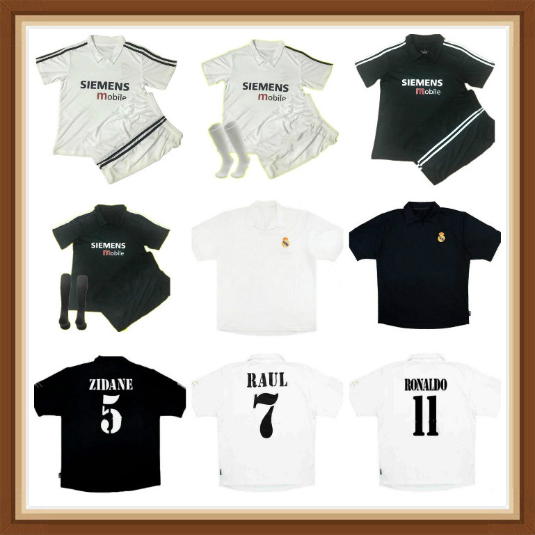 

Adult + Kids Kit Real Madrid 2002 2003 Retro Zidane soccer jerseys Figo Raul Ronaldo 02 03 vintage child suits football shirts home away boys set mens size 16-2XL, Beige