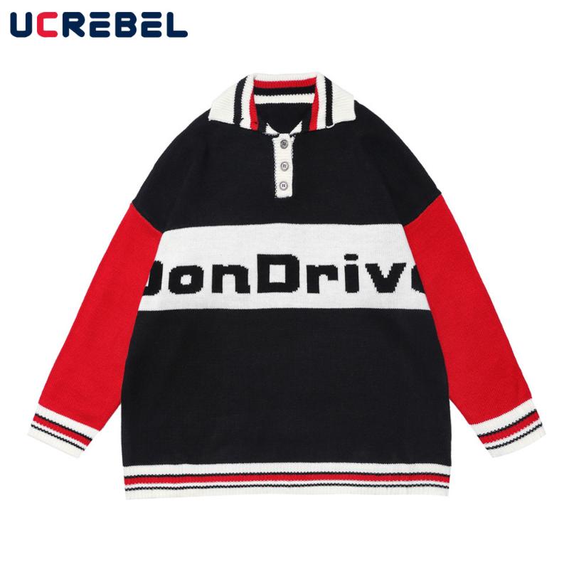 

Men's Sweaters Letter Jacquard Collar Sweater Mens Autumn Contrast Paneled Knitted Casual Loose Long Sleeve Pullover Men, White;black