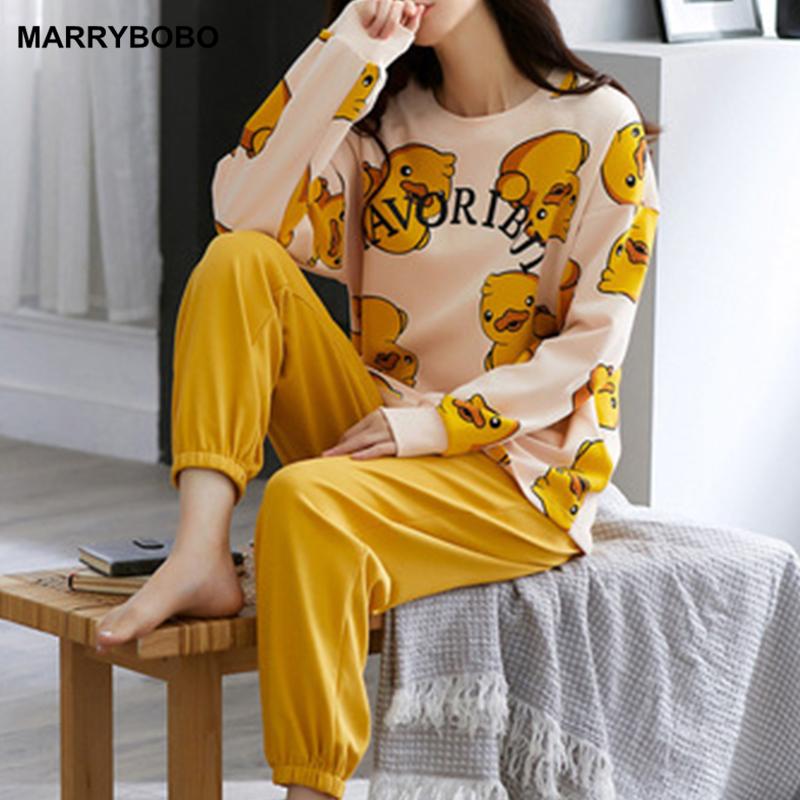 

Women's Two Piece Pants Women Cotton Sleepwear 2021 Spring Autumn Loose Lounge Pajama Korean Long Sleeve Cartoon Print Set Plus Size, White