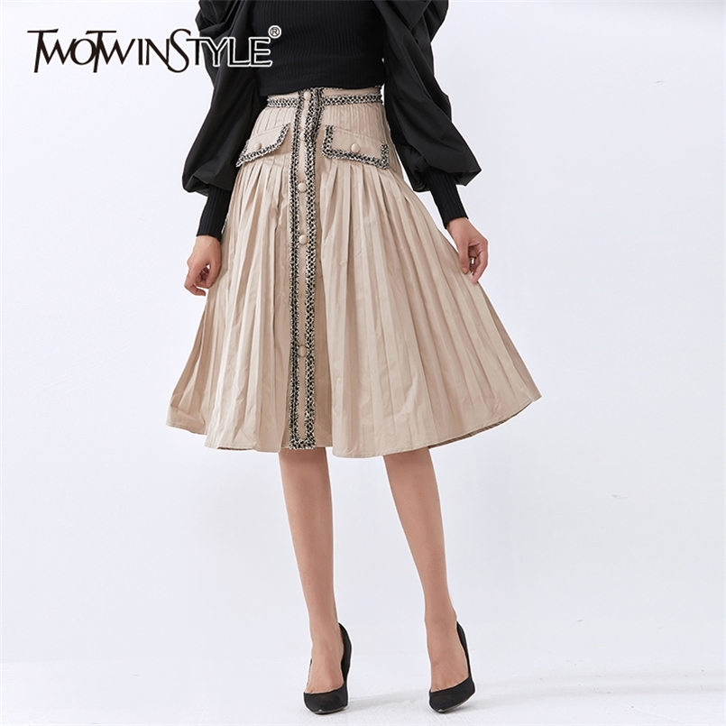 

Casual Ruched Skirt For Women High Waist Patchwork Pocket Midi Skirts Female Autumn Fashion Clothing 210521, Khaki