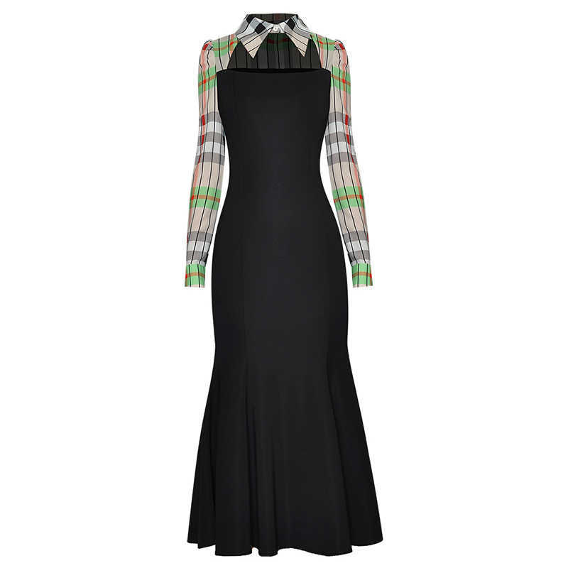 

High QUALITY est Lapel Long Sleeve Hollow Plaid Mosaic Temperament Dress 210526, Blue
