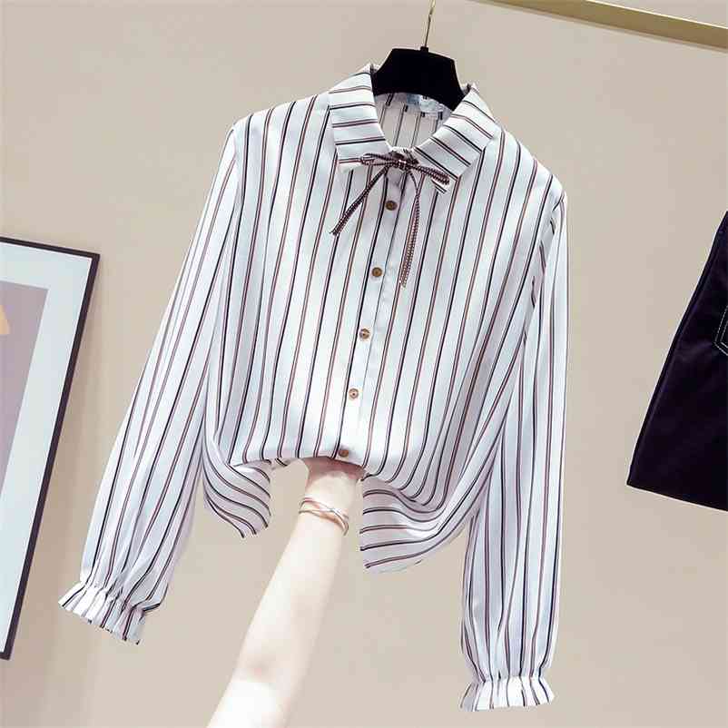 

Autumn Elegant Women's Turn Down Collar Flare Long Sleeves Stripe Shirts Ladies Shirt Blouse Tops A4066 210519, Beige