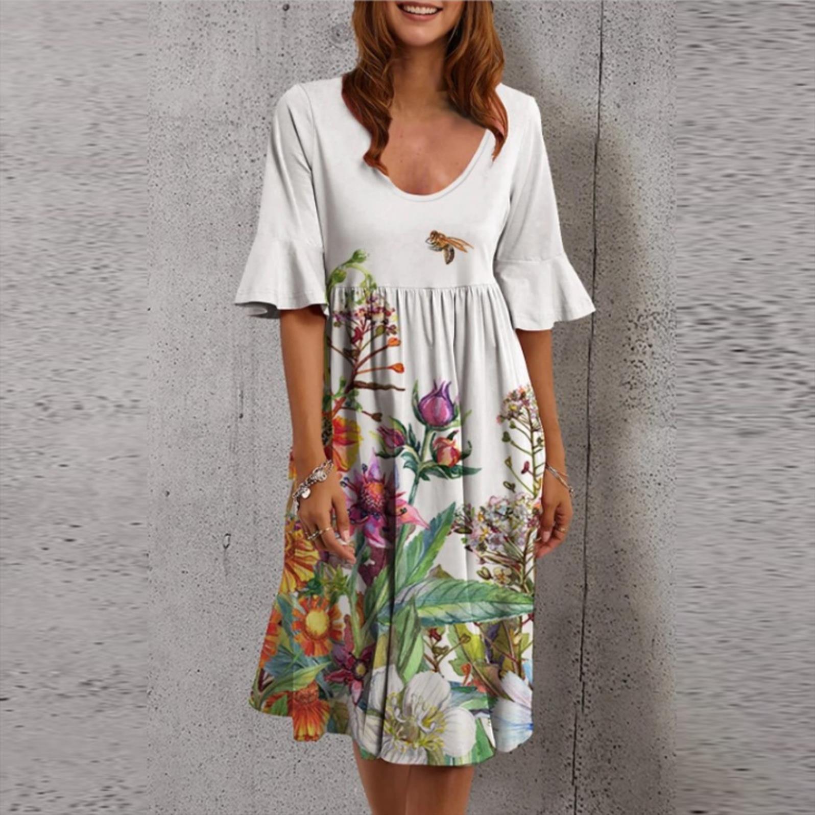 

flower printed summer knee length women dress ruffles plus size with short sleeve sundress, Black;gray