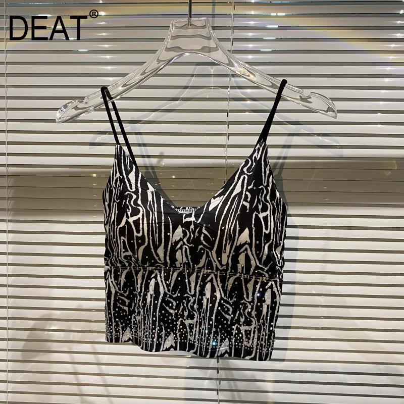 

Summer Fashion Casual Trend Zebra Pattern Drilling Mercerized Cotton Breast Pad Slim Vest Sling Women SJ961 210525, And white v-pattern