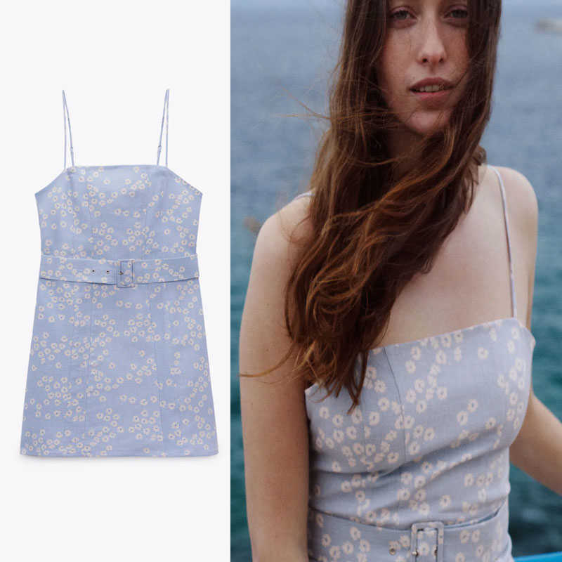 

Za Summer Spaghetti Straps Print Mini Dress Women Sleeveless Backless Belt Linen Vintage Dresses Woman Blue Party Dress 210602