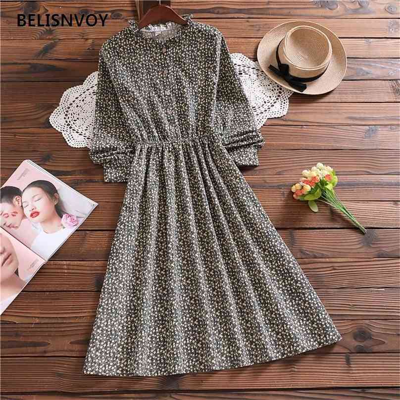 

Japanese Style Small Flower Corduroy Dress Autumn Winter Women Long Sleeve Ruffled Floral Printed Vintage Vestidos De Verano 210520, Black