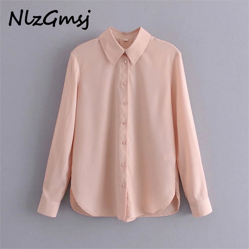 

Blouse Women Flowy Pink Shirt Long Sleeve Turn Down Collar Cute Fit Top Female Chic Front Button Soft Streetwear 210628, As picture