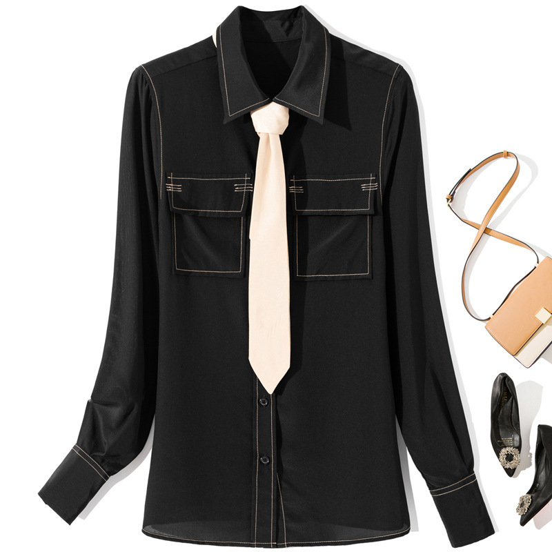 

Women's Blouses & Shirts 2021 spring tie high quality 100% black silk long sleeves shirt tops c756