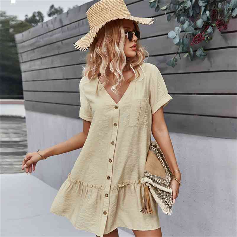 Spring New Solid Short Dress Women Casual V Neck Single Breasted Summer Dress Ladies Loose A Line Dresses 210331Z