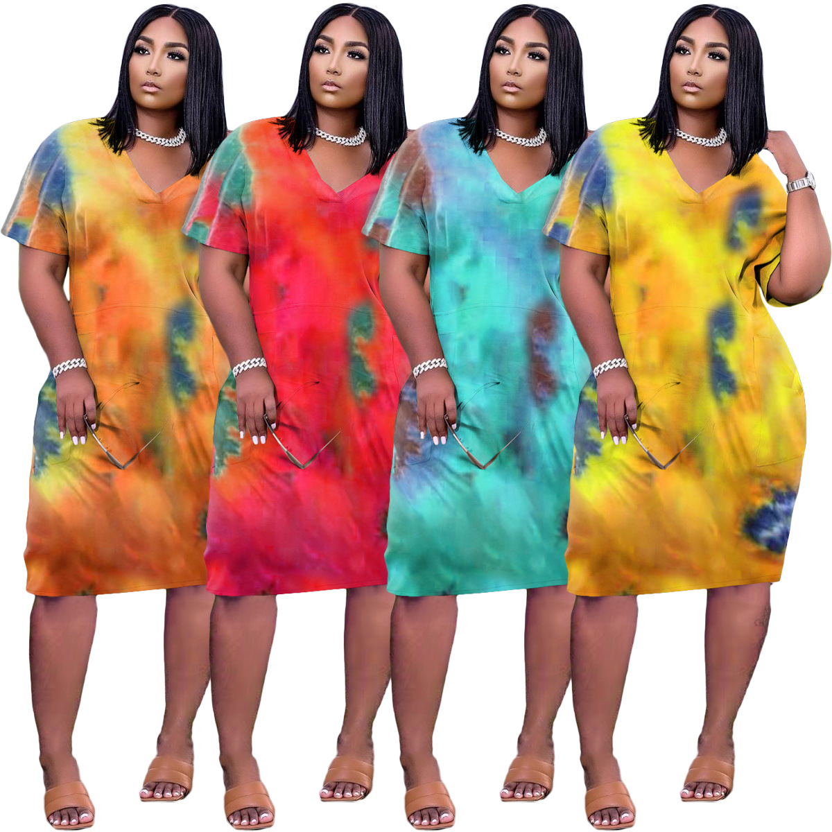 

2021 Hot Summer Women Dress With Pockets Fashion Tie Dye Print Casual Short Sleeves Night Club Party Loose Knee Length Dresses, Black;gray