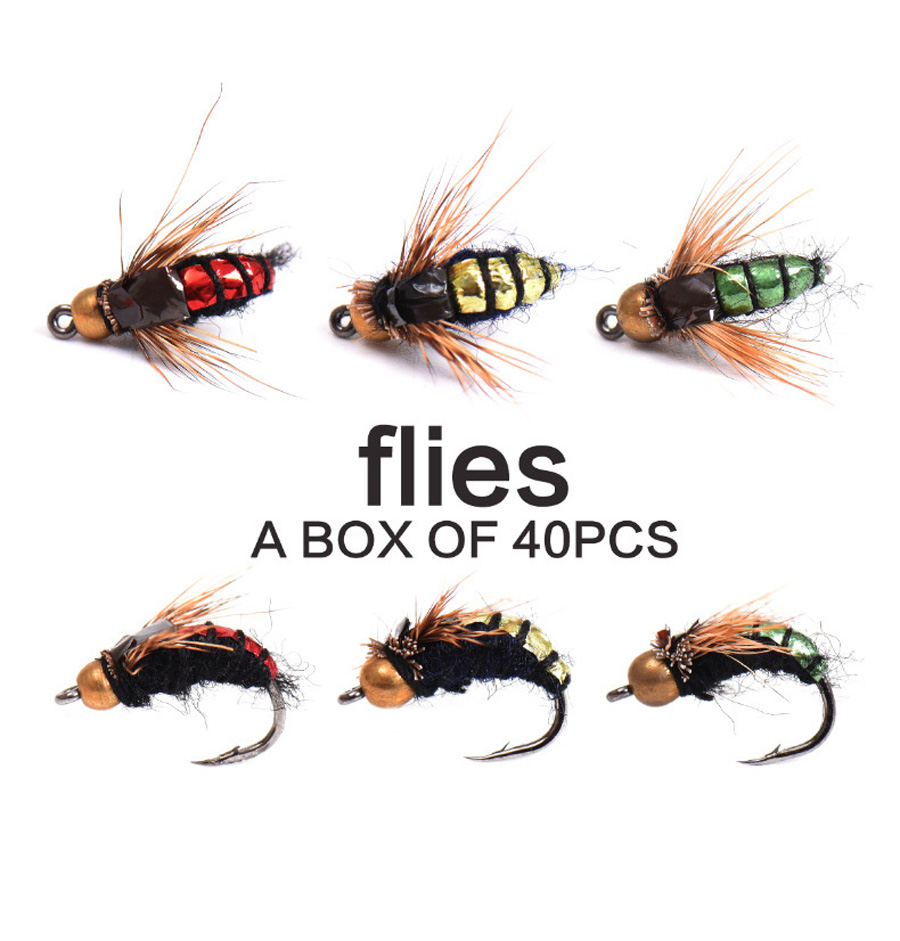 40 pièces/boîteFly pêche mouches Kit crochet mouche attachant pêche leurre Kit mouches sèches crochets plume aile appâts artificiels ensemble de