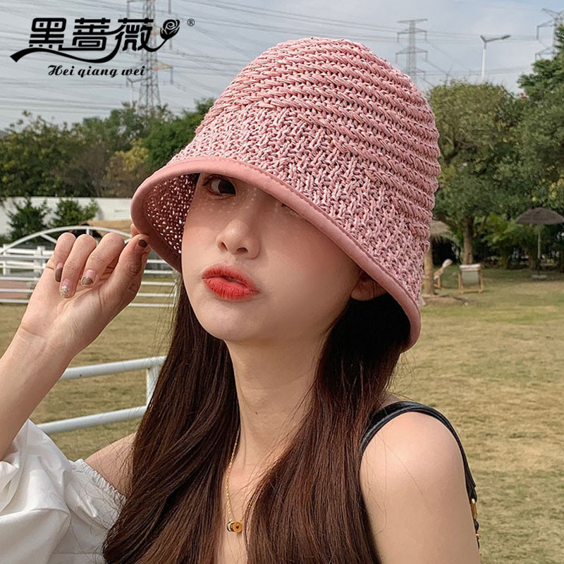 

Warp Knitted Covered for Women Spring and Autumn Hat Short Brim Woven Bucket Hat Outdoor Cute, Yellow