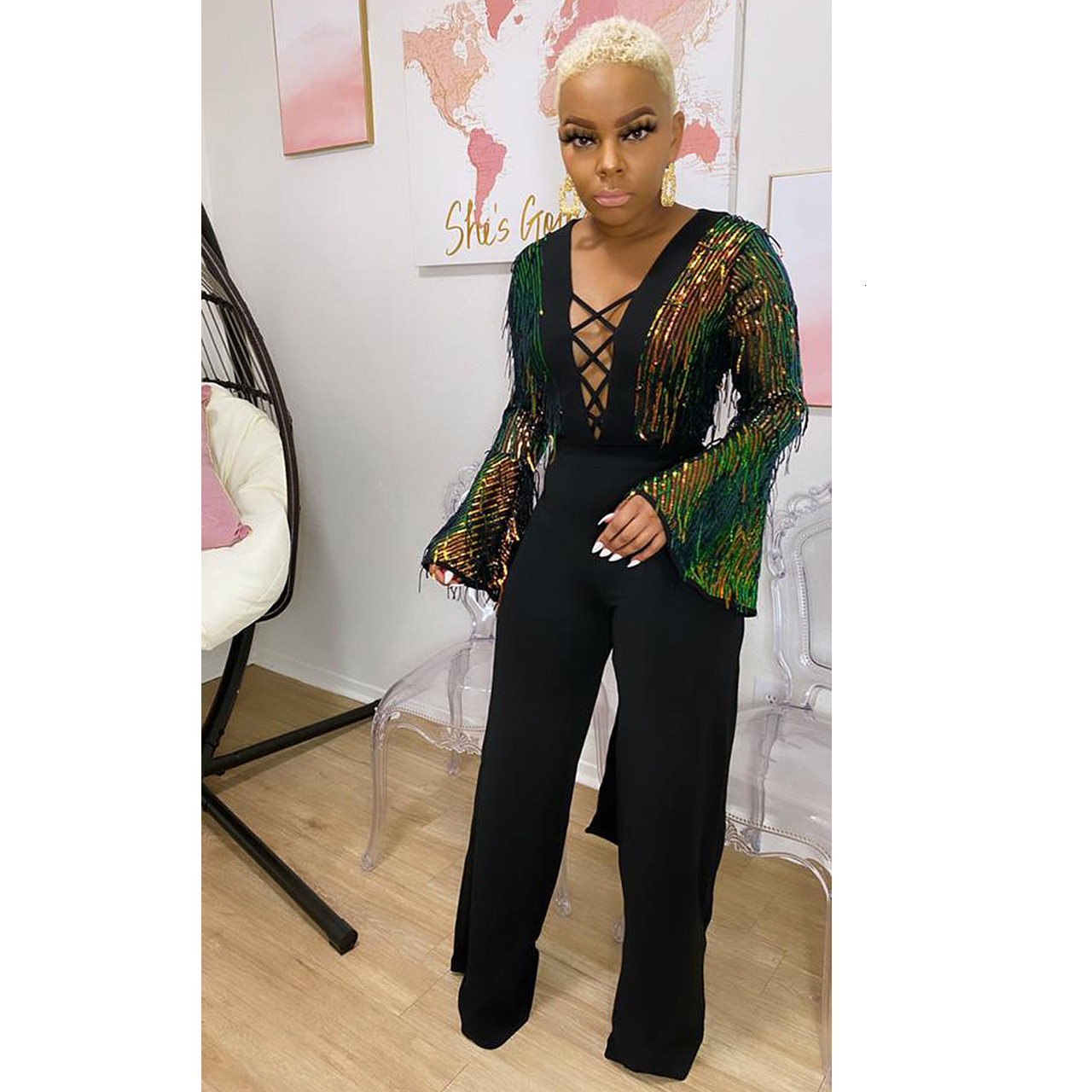Nightclub Party Wear Women Sexy Sequins Jumpsuits Lady Sparking Low-cut V-neck Flared Sleeve Bodycon Wide-leg Romper Autumn-image-680529193