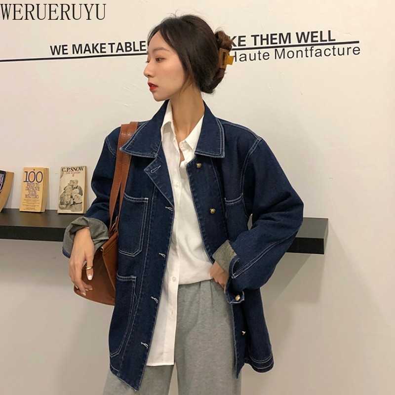 

WERUERUYU Women' Dark Blue Washed Denim Jacket Retro Long-sleeved Jacket Fashion All-match Stand-up Collar Denim Jacket 210608, Photo color