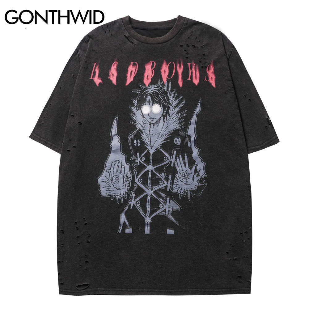 

t shirt Gonthwid Oversized T shirts Streetwear Hip Hop Ripped Troubled Gates Cartoon Anime Short Mouwen T-shirts Harajuku Casual Tops, White;black