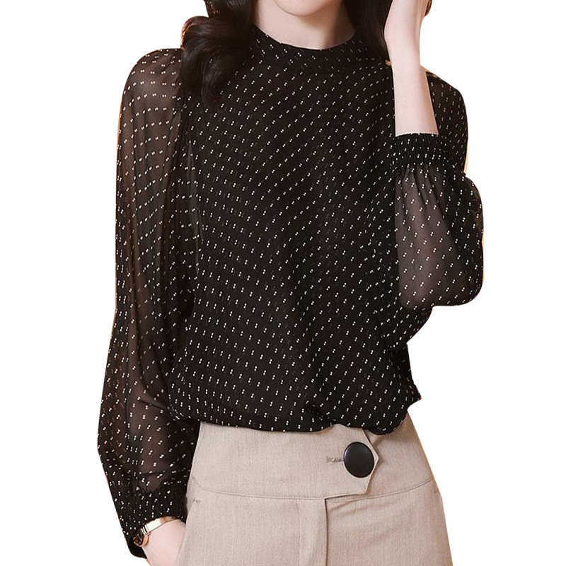 

Women's Spring Summer Style Silk Blouses Shirt O-Neck Long Sleeve Polka Dot Lantern Elegant Casual Tops DF3849 210609, Black