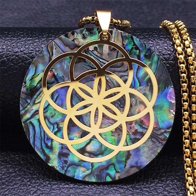 

Pendant Necklaces Yoga Flower Of Life Stainless Steel Abalone Chain Gold Color Round Big Long Necklace Jewelry Collier Acier N9321S04