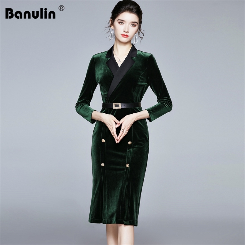 

Banulin Autumn Winter Runway Velvet Office Lady Bodycon Dress Woman Notched Collar Long Sleeve Buttons Sheath Vestidos 210603, Green