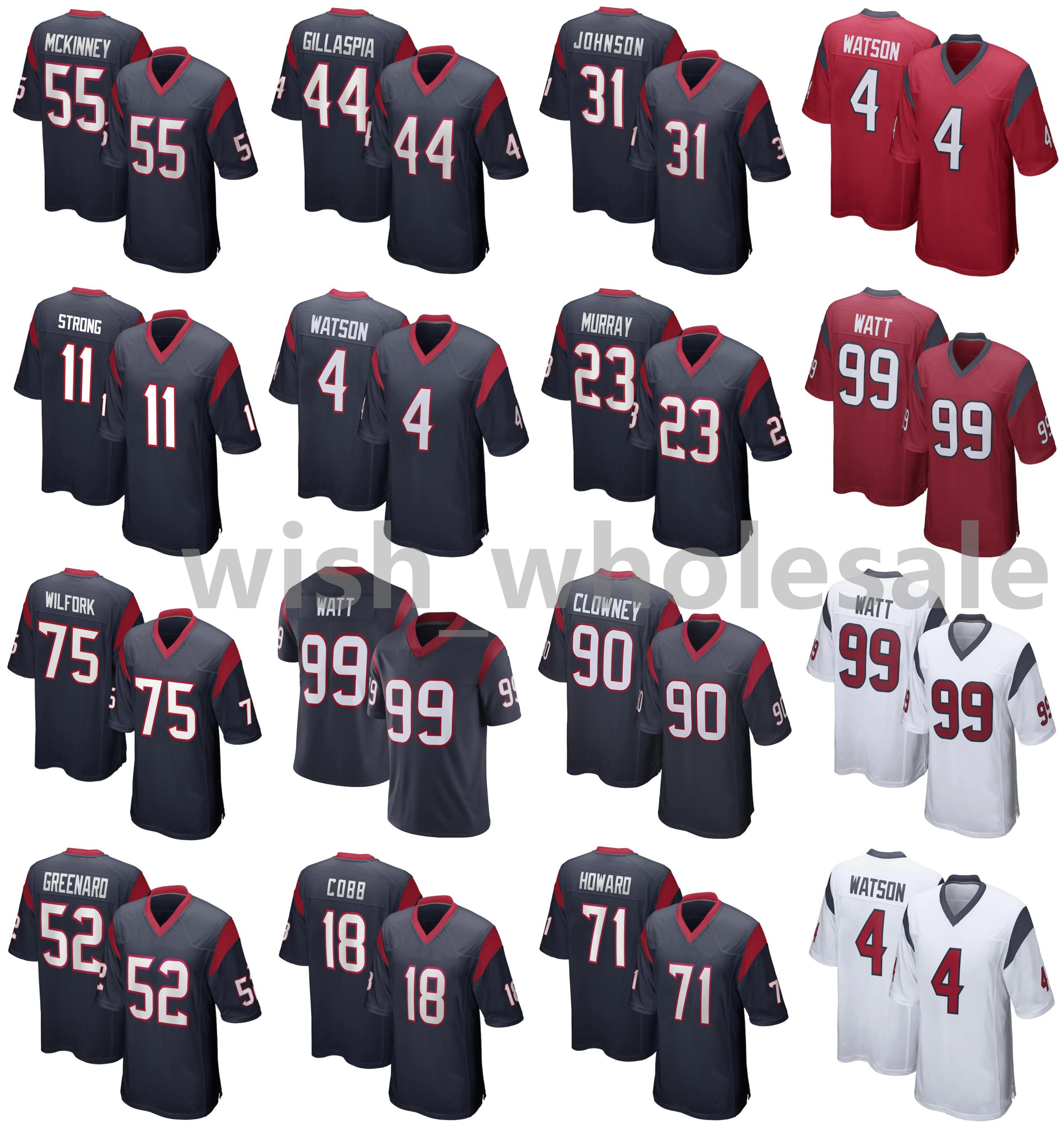 

2021 Texans American Football Jerseys Deshaun 4 Watson Jersey J.J. 99 Watt Benardrick 55 McKinney Cullen 44 Gillaspia David 31 Johnson Stitched Breathable Size S-XXXL, Navy