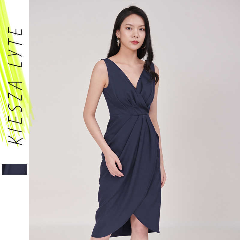 

Sexy Buds Dress Office Lady V-Neck High Waist Sleeveless Pleated Split Fit Midi Party Dresses 210608, Pink