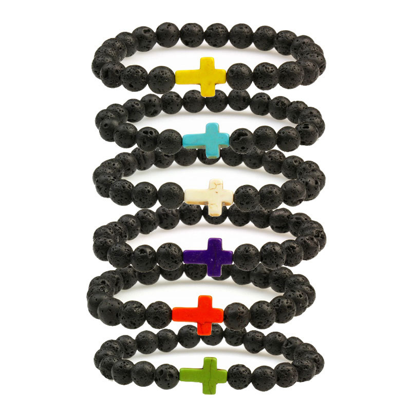 

new Strands Essential Oil Perfume Diffuser 8mm Black Lava cross Stone Beads Bracelet Stretch Yoga Jewelry 843 Q2