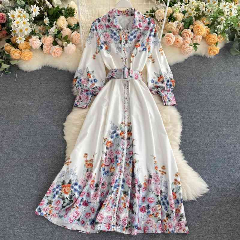 

Women Vintage Long Dress Spring Summer Sleeve With Belt Bandage es Ladies Floral Print Blouse Beach Maxi 210602