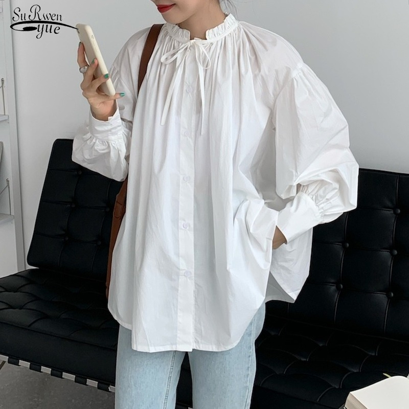 

Long Sleeve Cotton Girl's Blouse Chic Baroque Lace-up Lantern Ultra-loose Shirt Femme Casual White Top Women 12299 210521, Green